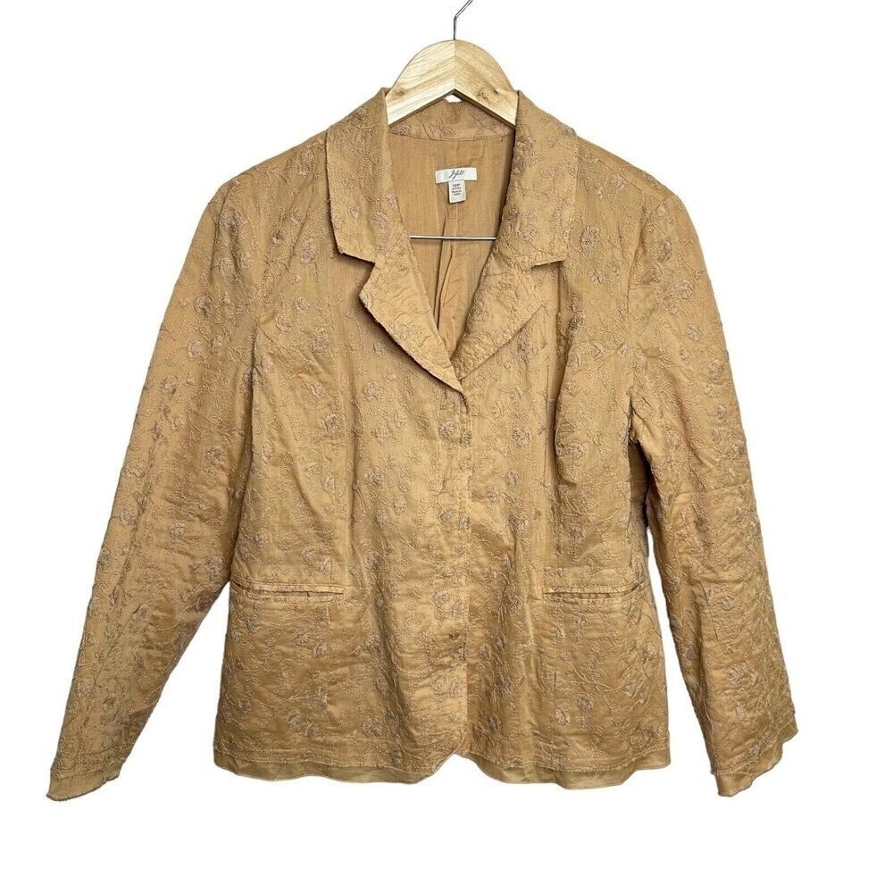 J Jill Womens 12P Petite Tan Embroidered Floral Blazer Jacket